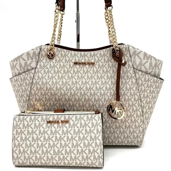 Michael Kors Large Jet Set Travel Chain Shoulder Bag & Double Zip Wallet Vanilla - Picture 2 of 15